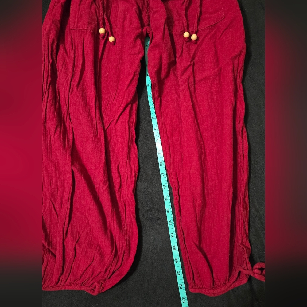 Elegant Red Smocked Waist Drawstring Ankle Pants - Picture 2 of 8